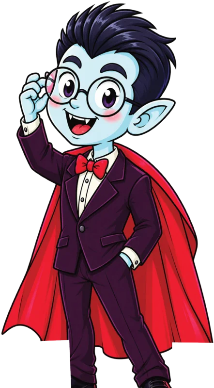 A Vegan Vampire in a red cape, adjusting his glasses